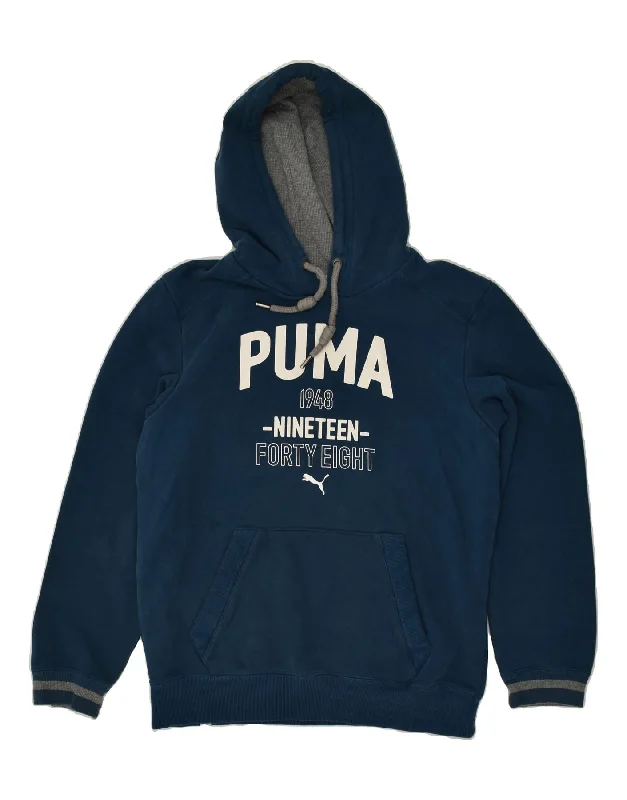 PUMA Mens Graphic Hoodie Jumper Small Navy Blue Hoodie with Mock Neck Collared Structured