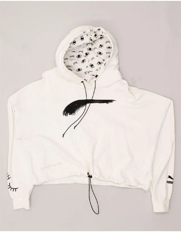 PUMA Womens Maybelline Crop Graphic Hoodie Jumper UK 14 Medium White Hoodie with Embroidery Detailed Premium