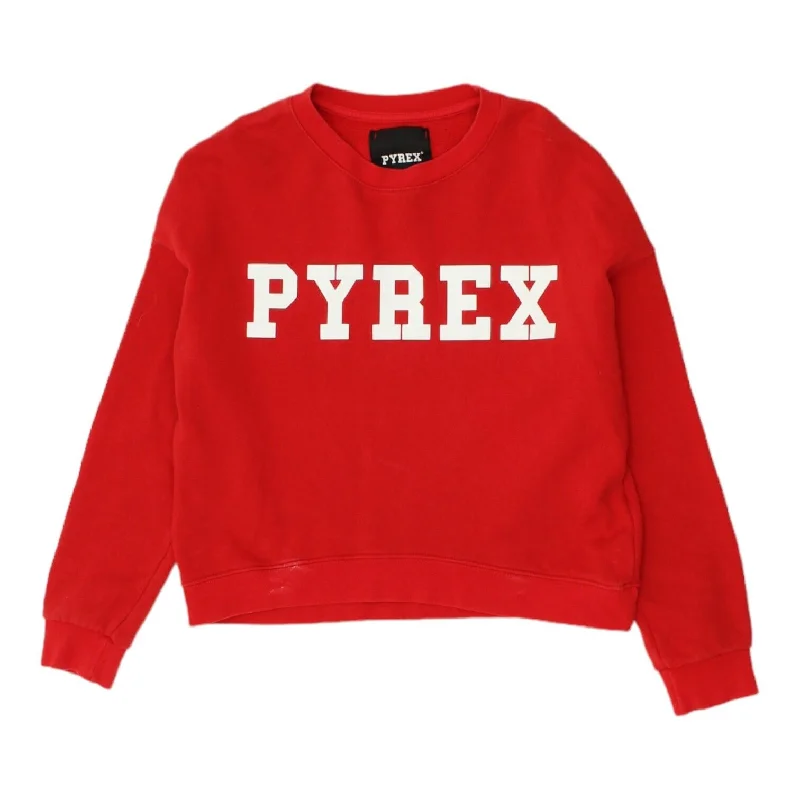 PYREX Womens Red Logo Sweatshirt | Vintage Casual Designer Pullover Jumper VTG Hoodie with Button Placket Classic Preppy