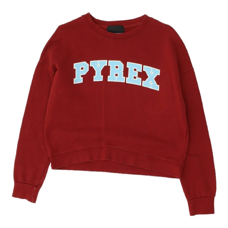 Pyrex Womens Short Red Spellout Logo Sweatshirt | Vintage Designer Jumper VTG Hoodie with High Neck Warm Protective