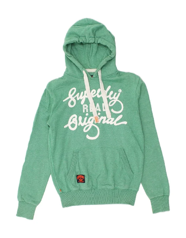 SUPERDRY Mens Graphic Hoodie Jumper Small Green Cotton Hoodie with Toggle Buttons Decorative Unique