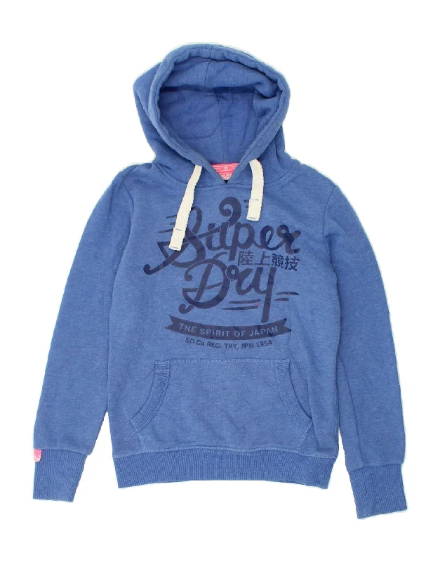 SUPERDRY Womens Graphic Hoodie Jumper UK 10 Small Blue Cotton Hoodie with Lining Warm Insulated