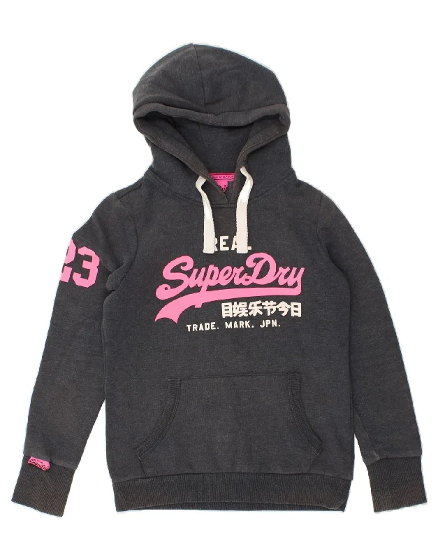 SUPERDRY Womens Graphic Hoodie Jumper UK 14 Medium Navy Blue Cotton Hoodie with Crew Neck Simple Timeless