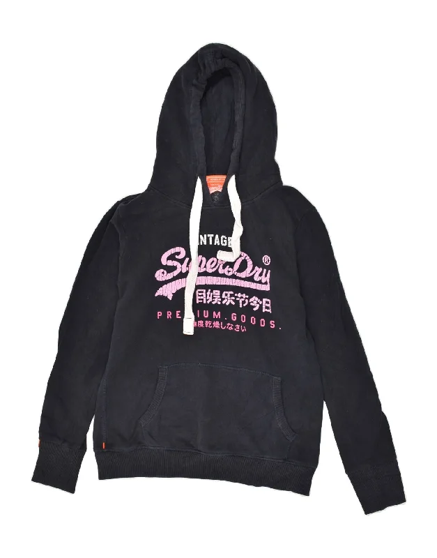 SUPERDRY Womens Graphic Hoodie Jumper UK 16 Large Black Cotton Hoodie with Logo Branding Identity