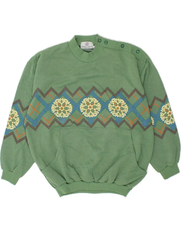 VINTAGE Mens Graphic Sweatshirt Jumper XL Green Cotton Hoodie with Snap Buttons Easy Quick