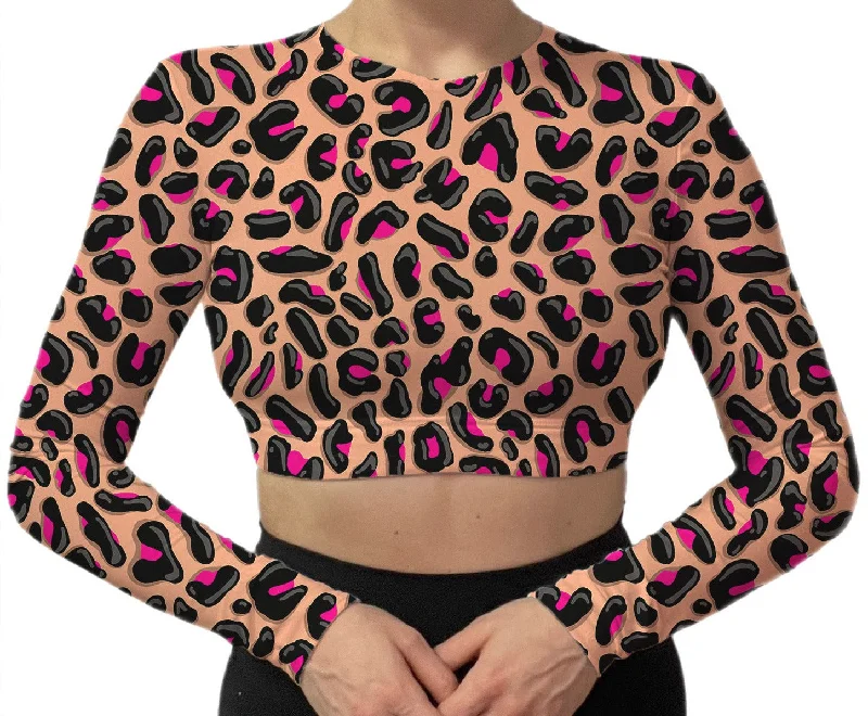 Pink Leopard Long Sleeve Bra Top Soft Lace Bra