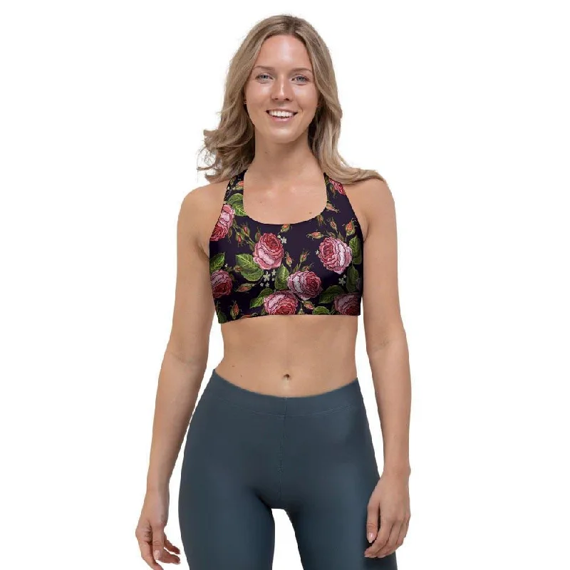 Pink Rose Print Sports Bra Cotton Comfort Bra