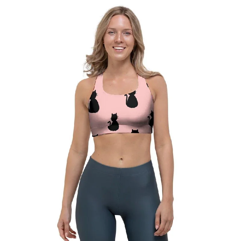 Pink Silhouette Cat Print Sports Bra Push-Up Padded Bra