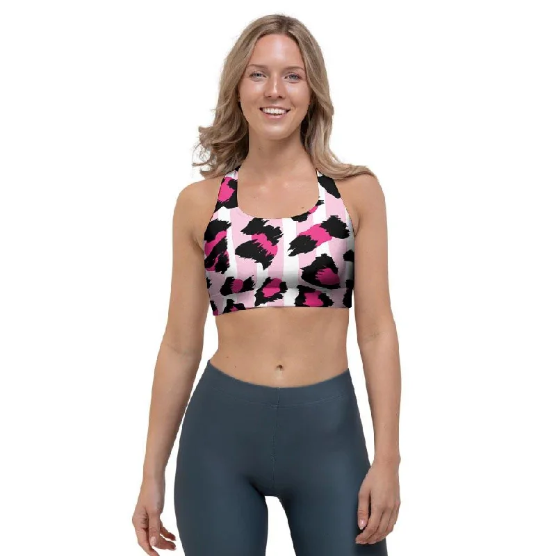 Pink Striped Leopard Sports Bra Trendy Lace Bra