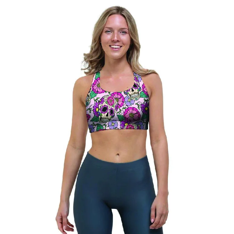 Pink Sugar Skull Floral Sports Bra Elegant Silk Bra