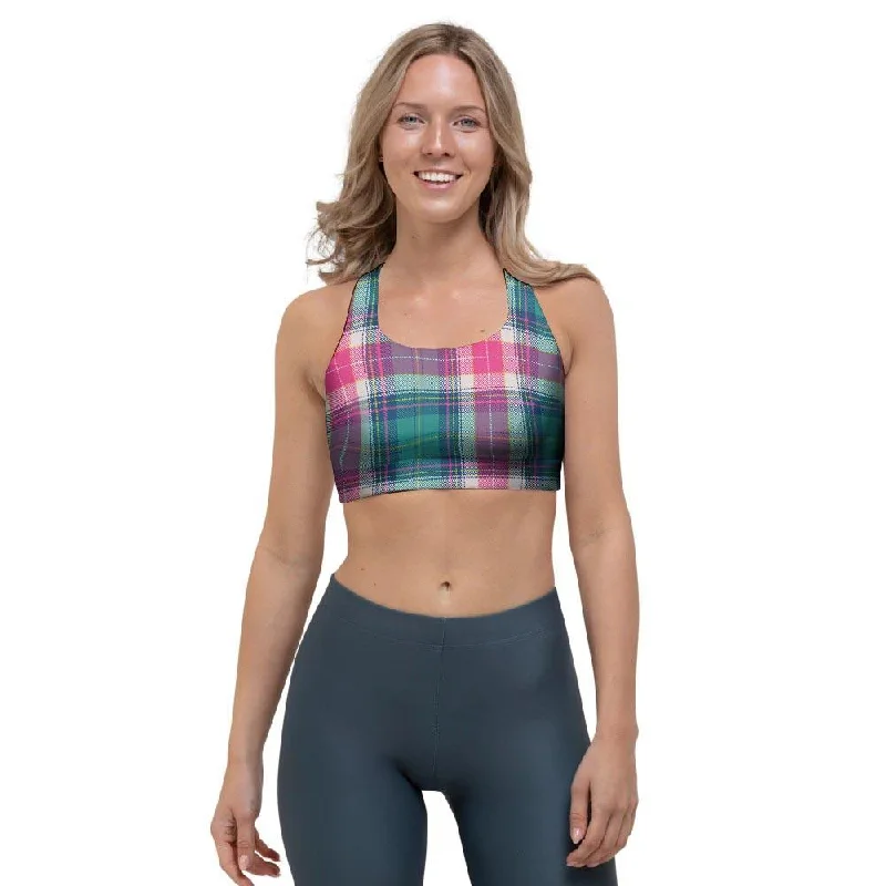 Pink Teal Plaid Tartan Sports Bra Comfortable Lace Bralette