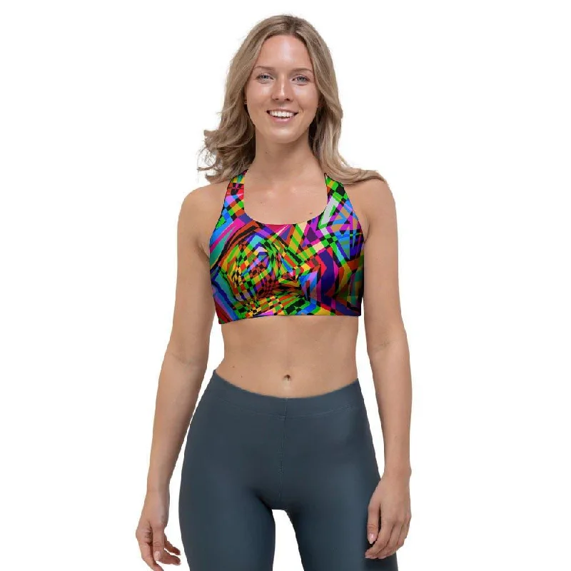 Psychedelic Geometric Multicolor Sports Bra Supportive Cotton Bra