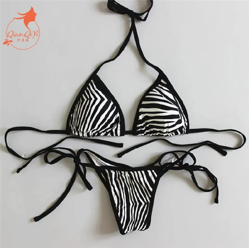 2018 new sexy padded thong bottom bandage swimsuit  Halter Brazilian bikinis set Zebra push up women swimwear bathing suit Classic One-Piece