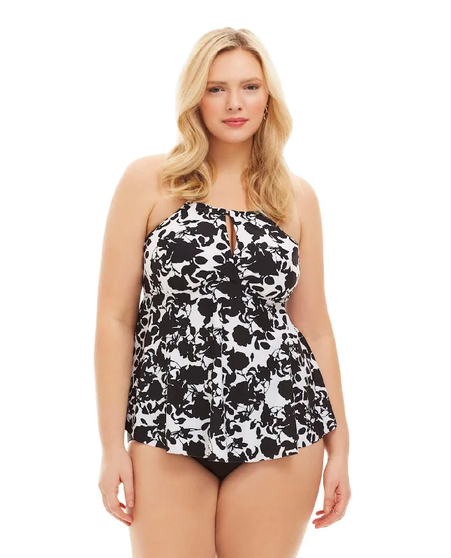 Always For Me Black and White Beach Flower Plus Size Tankini Top with Matching Tankini Bottom Ruched Swimwear Set