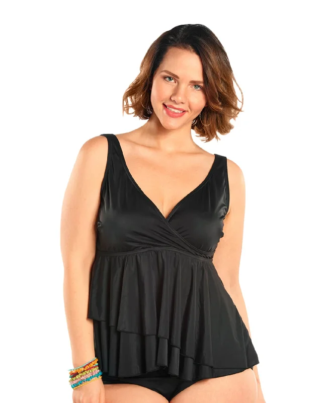 Always For Me Black Plus Size Opulent Wrap Tankini Top with Matching Tankini Bottom Mesh Panel Swimwear