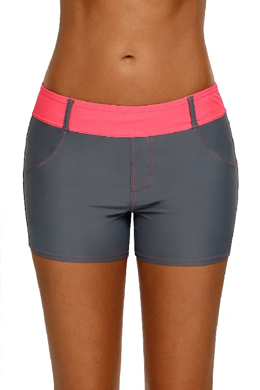 Coral Waistband Faux Denim Sports Shorts Swim Bottoms Sporty Swimsuit Style