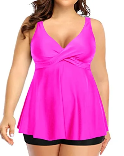 Flowy Plus Size Tankini Swim Top With Boy Shorts For Women-Hot Pink Plus-Size Bikini Set