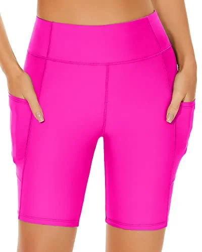 High Waisted Board Shorts Tummy Control Swim Shorts-Neon Pink Plus-Size Bikini Set