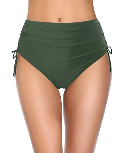 Women High Waisted Bikini Bottoms Full Coverage Swim Bottom-Olive Green Strappy Back Bikini