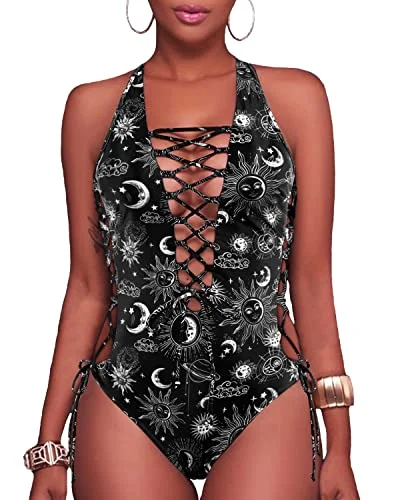 Lace Up Cut Out Monokini One Piece Swimsuits-Black Sun And Moon Sexy Two-Piece Set