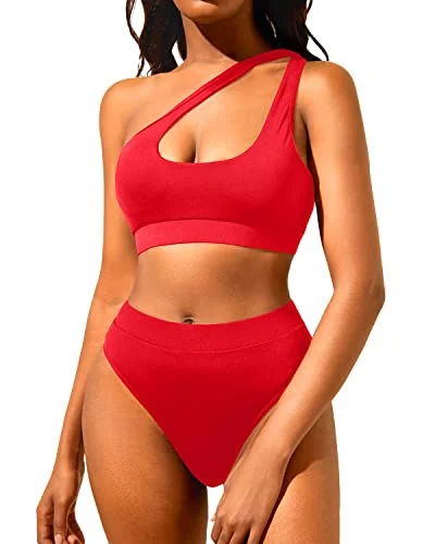 One Shoulder Two Piece Swimsuits Women's High Waisted Bikini Set Summer Ready Swimsuit