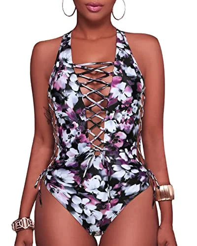 Sexy Strappy Cutout One Piece Swimsuits-Purple Floral Comfortable Tankini Set