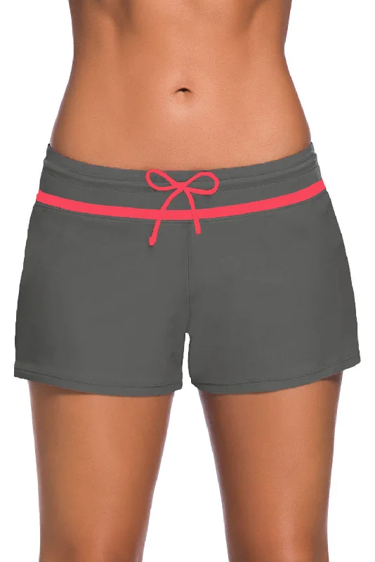 Red Trim Taupe Women Swim Boardshort Push-Up Bikini Top