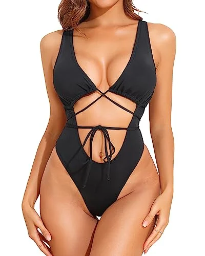 Sexy Strappy Cut Out One Piece Swimsuit Shiny One-Piece Swimsuit