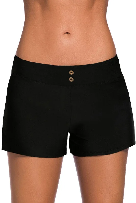 Women Black Eyelets Waistband Swim Boyshorts Push-Up Bikini Top