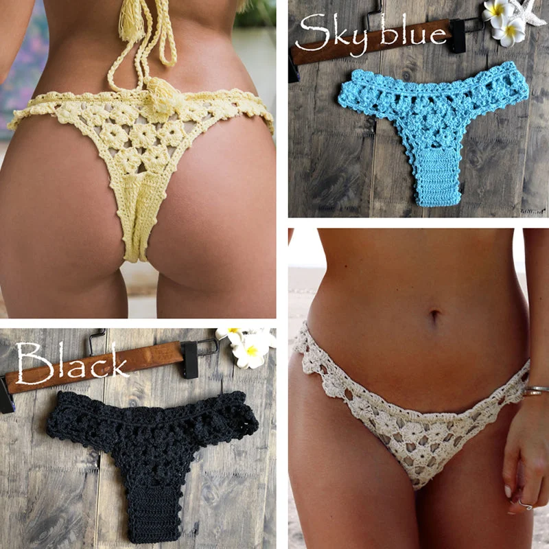 Women Unique Sexy Handmade Crochet Swimwear Bikini Bottom Hollow-out Low Waist Bathing Suit Triangle Briefs Swim knicker Tropical Print One-Piece