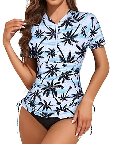 Women's Short Sleeve Swim Shirt With Built In Bra And Bottom-Black Palm Tree Chic Beach Cover-Up