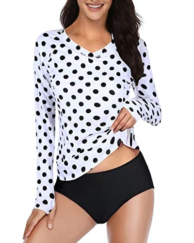 2 Piece Swimsuit With Built In Bra & Shorts For Women Rash Guard Long Sleeve-Black Dot Plunge Back Swimsuit