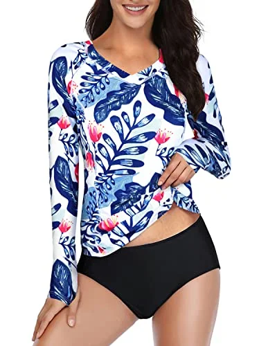 2 Piece Swim Shirt & Shorts For Women Rash Guard Long Sleeve-White And Blue Floral Classic Two-Piece Bikini