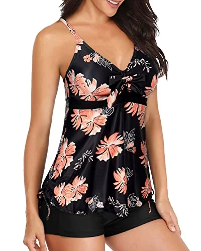 Two Piece Tankini Swimsuit With Shorts Tummy Control Bathing Suit For Women-Black Orange Floral Sporty Swimwear Bottoms