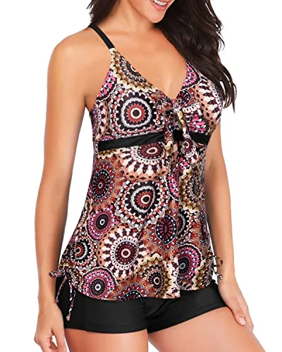 Flowy Tankini Top With Shorts Bathing Suit Tummy Control Swimwear For Women-Brown Print Halter Top Bikini