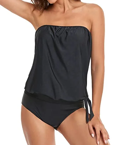 Women's Long Bandeau Tankini Bathing Suits-Black High-Cut One-Piece