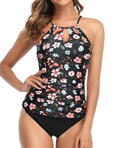 High Neck Ruched Two Piece Tankini Bathing Suit With Push Up Bra For Women-Black And Pink Floral Fun Pattern Swimsuit