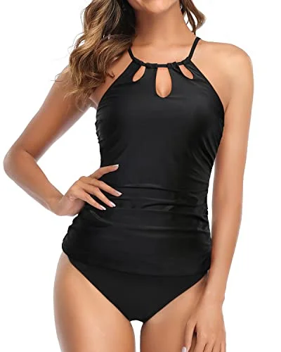 Ruched Halter Neck Swim Tankini Top With Bikini Bottom-Black Chic Beach Cover-Up