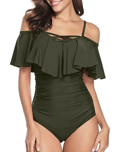 Adjustable Spaghetti Shoulder Strap One Piece Swimsuit Off Shoulder Swimsuit-Army Green Retro-Inspired Bikini Set