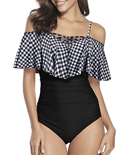 Removable Push-Up Padded Bra Swimsuits Criss-Cross Lace-Up For Women-Black And White Checkered Classic One-Piece