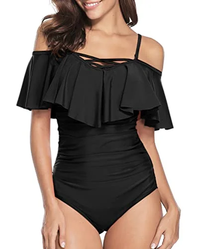 Slimming Full Coverage One Piece Swimsuit Ruffle Off Shoulder Swimsuit-Black Crisscross Back Swimsuit