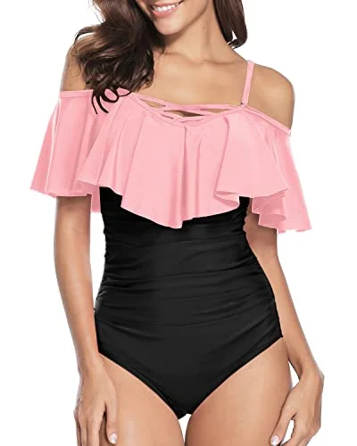 Lace Up Vintage Ruffle Swimwear For Women Off Shoulder One Piece Swimsuit-Pink And Black Swim Skirt Set