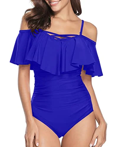 Vintage Ruffle One Piece Swimsuits For Women-Royal Blue Classic Monokini Design