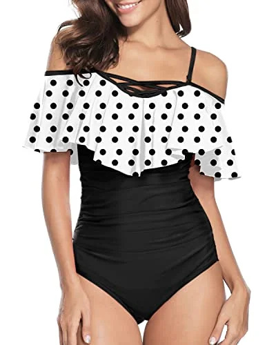 Lace Up Ruffle Swimsuits Best Bathing Suits For Curvy Women-White Black Polka Dots Tropical Print One-Piece