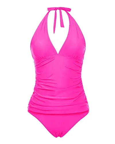 Two Piece Ruched Tankini Swimsuit For Tummy Control-Neon Pink Mesh Swimsuit Top