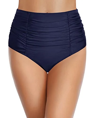 High Waisted Tummy Control Swim Bottom Vintage Ruched Bikini Bottom-Navy Blue Bold Color Swimsuit