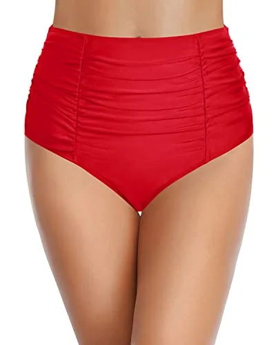 High Waisted Vintage Ruched Swim Bottom Tummy Control For Women-Red Sexy Swimwear Set