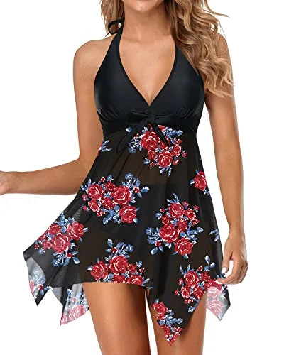 Mesh Halter Bathing Suit Dress Tankini Top With Tummy Control Shorts For Women-Blue Floral Deep-V Swimsuit Design