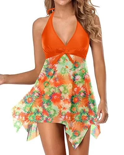 Backless Mesh Swim Dress With Tummy Control Shorts-Orange Classic Sporty Swimsuit