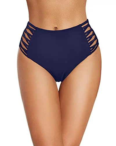 Retro High Waisted Bikini Bottom Full Coverage Strappy Swim Bottom-Navy Blue Tropical Print Bikini